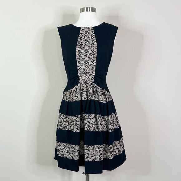 Anthropologie | Eva Franco Lace Panel Black Cream Fit Flare Floral Party Dress 6 - Picture 2 of 11